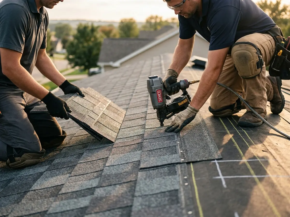 Professional roofer working on a residential roof in Penfield